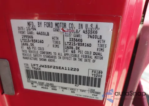 1995 Ford F350 z USA, uszkodzony, nr VIN 1FTJW35F2SEA11220